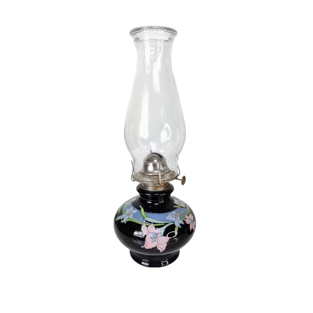 Kaadan LTD 80s Vintage Hand-Painted Black Glass Bamboo Floral Design Oil Lamps